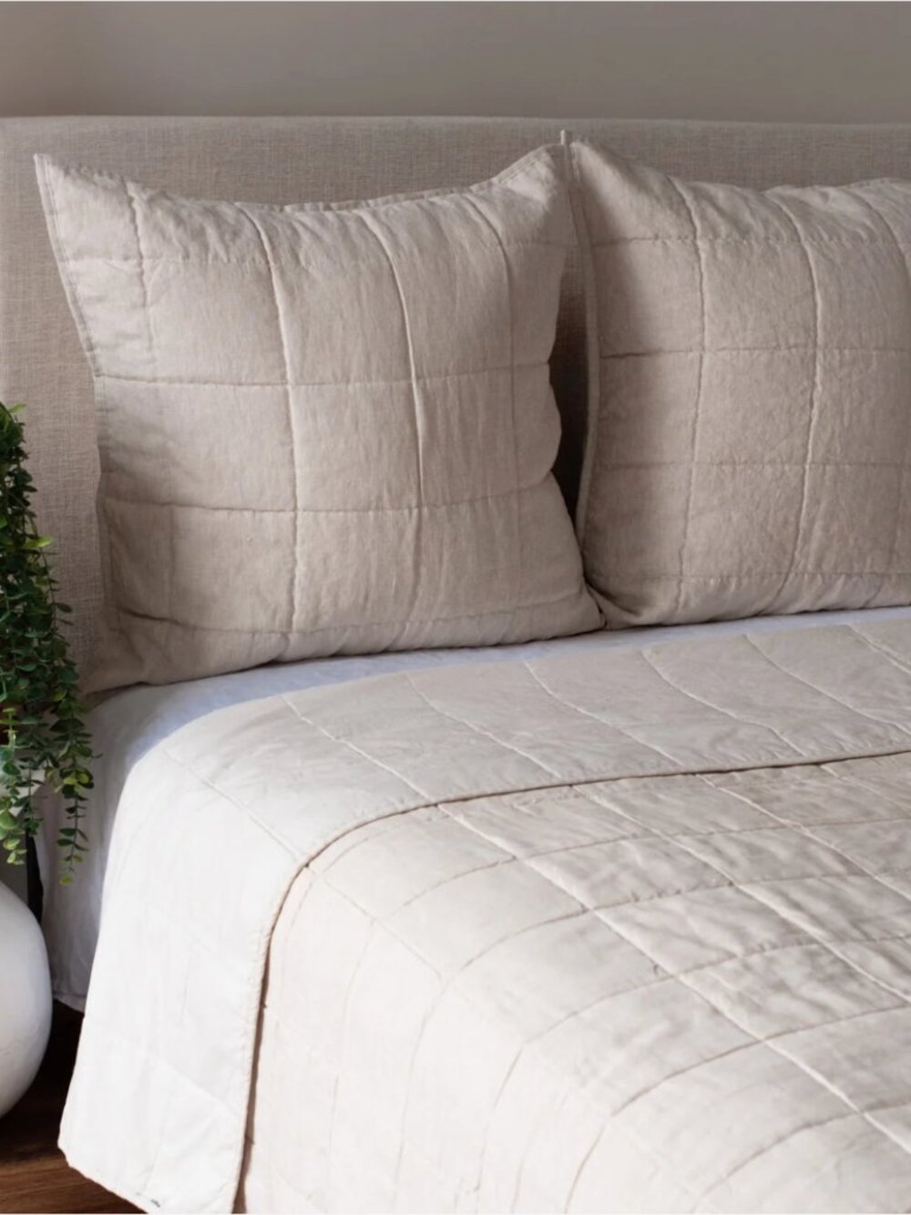 BOKSER HOME Cotton Linen Blend Box Stitch Quilt and Euro Sham Set, Queen
